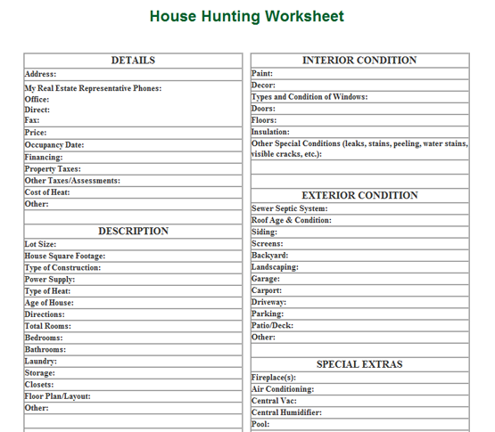 House Hunting Worksheet