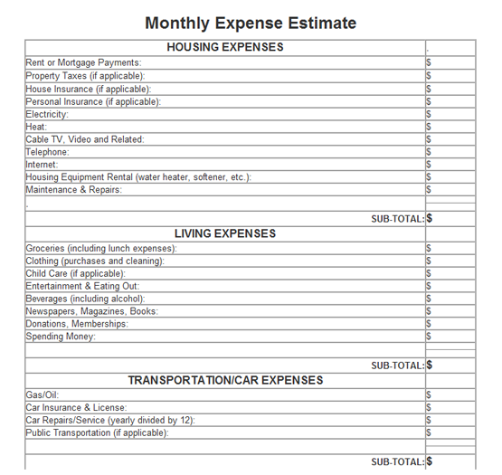 Monthly Expense Estimate